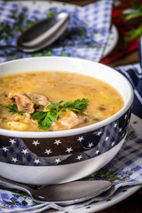 Soup with barley and chicken gizzards.