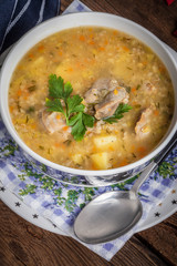 Soup with barley and chicken gizzards.