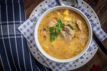 Soup with barley and chicken gizzards.