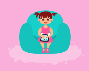 Little girl playing on the tablet at home. Vector illustration