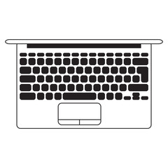 Simple flat laptop illustration, grayscale on white background, top view, outlined