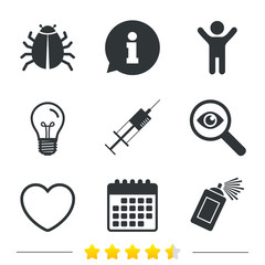 Fototapeta premium Bug and vaccine signs. Heart, spray can icons.