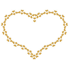 frame in the shape of heart of small gold hearts, isolated on white background