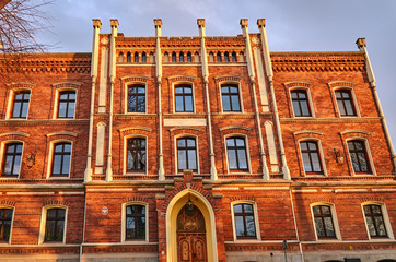 Facade clinker brick townhouse in Jawor in Poland.