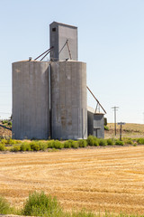 Fototapeta na wymiar Grain silo next to a harvested field