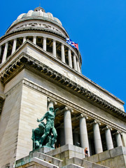 Capitol in Havana. View of the dome, the entablement, a colonnade and a bronze sculptural group.