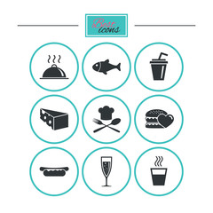 Food, drink icons. Alcohol, fish and burger.