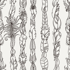 Seamless Pattern with Random Fantasy Feathers. For wallpaper, web page background, greeting cards, fabric print, coloring books
