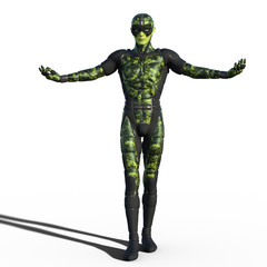 Green alien creature in stylish sci-fi suit outfit isolated on white background. 3d illustration.