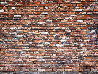 Old weathered red brick wall as background