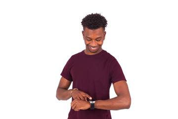 African American person wearing a smart watch, isolated on white