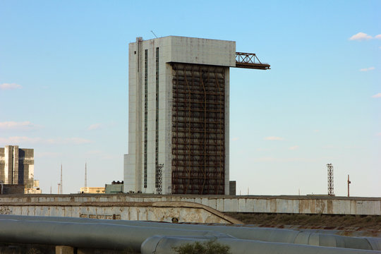 Kazakhstan. Baikonur Cosmodrome. destroyed a gas station space shuttle reusable Buran - Powered by Adobe