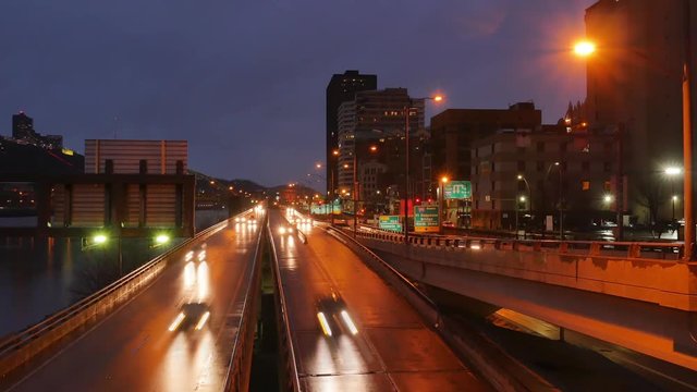 PITTSBURGH - Circa December, 2016 - A night timelapse view of traffic in downtown Pittsburgh, PA.  	