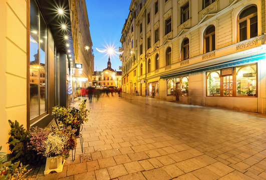 Beautiful street in old town of Brno, decorated by the christmas