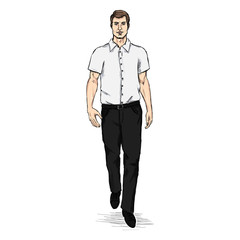 Vector Sketch Men Model in Short Sleeve Shirt. Business dress code