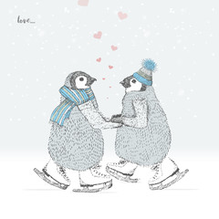 lovers penguins skates on the ice. freehand drawing. vector
