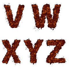 VWXYZ, english alphabet letters, made of coffee beans, in grunge