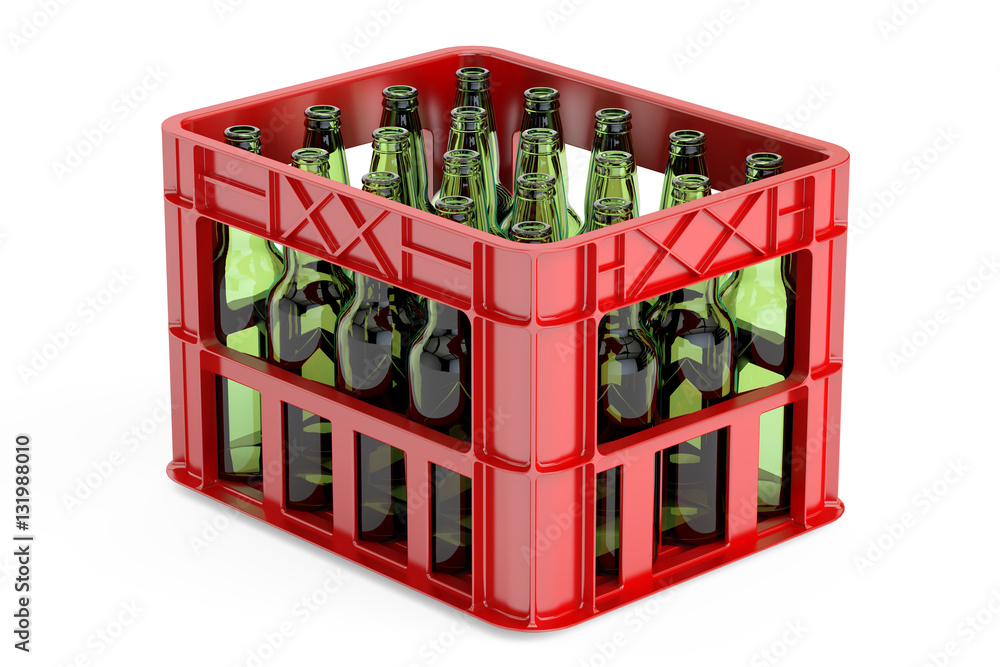Poster plastic storage box, crate with empty bottles. 3d rendering