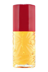 Elegant woman perfume yellow golden glass bottle with red lid, isolated on white background, clipping path included