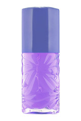 Elegant woman perfume mauve glass bottle with blue lid, isolated on white background, clipping path included