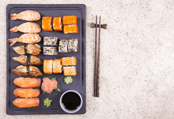 Sushi Set gunkan, nigiri and rolls close up
