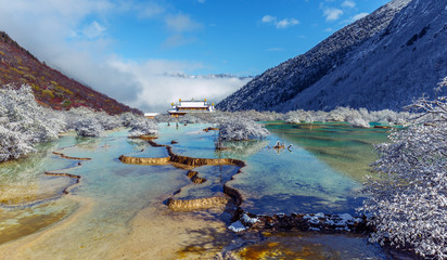 Beautiful pools in Huanglong National Park near Jiuzhaijou after snowstorm - SiChuan, China - 131988472