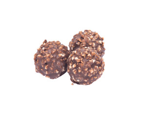 Luxury round chocolate pralines isolated on white background