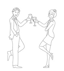 Couple clink glasses outline vector doodle