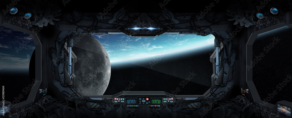 Poster view of planet earth from inside a space station