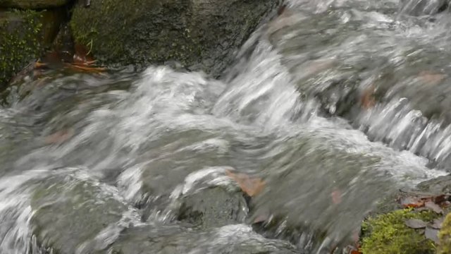 Mountain creek, stream, small waterfall (cloudy), stones, moss - flowing running water background
