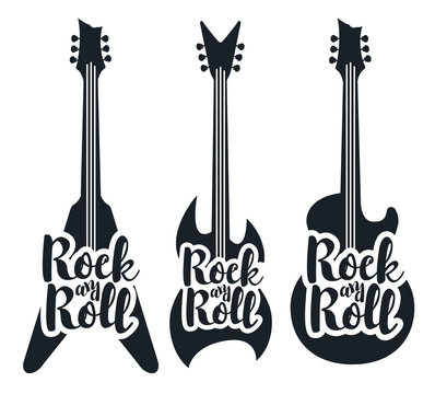 set of logos with the electric guitars and the words rock and roll