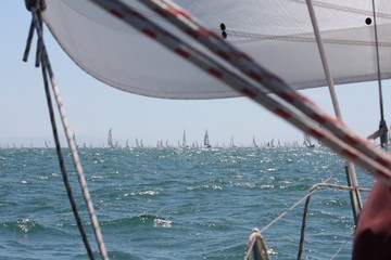 Sailing boats at sea during the round the Island Race