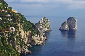 Aerial view of Capri's Faraglioni, big cliffs emerging from the