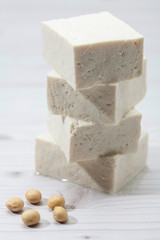 Pile Raw cubic tofu made from soybeans 