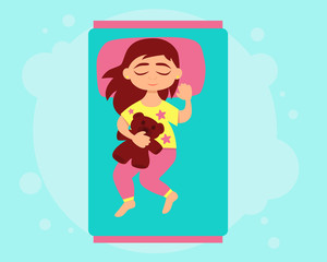 Little girl sleeping in bed with a toy bear. Vector illustration