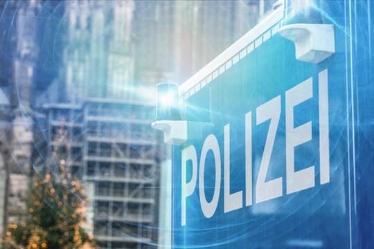 german police sign blue warning light