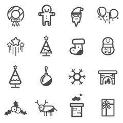 christmas tree santa snowman gift line flat icon set vector