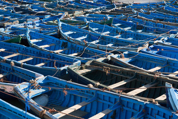 Small blue boats at harbour of Essaouira, Morocco