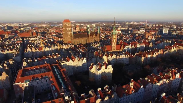 Aerial Gdansk Old Town Skyline With Basilica City Hall And Town Houses