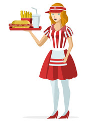 fast food waitress serving hot dog with french fries and soda