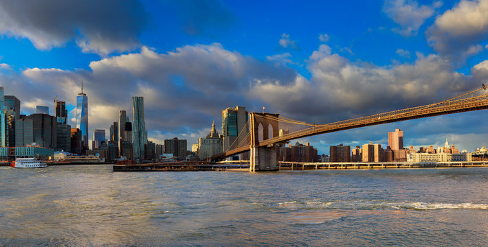 The Brooklyn Bridge and Manhattan Skyline from , New York. © ungvar
