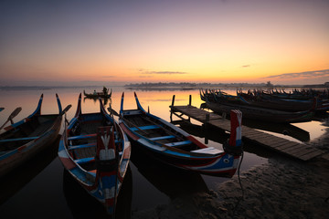 The local boat in taungthaman lake near U Bein bridge, The longest teak bridge in the world, Mandalay Myanmar