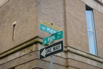 Southwest Main street sign of Portland Oregon USA