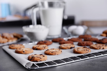 Freshly baked cookies on tray rack