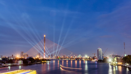 Fototapeta na wymiar Twilight of Rama 8 bridge, the famous landmark in Bangkok, Thail