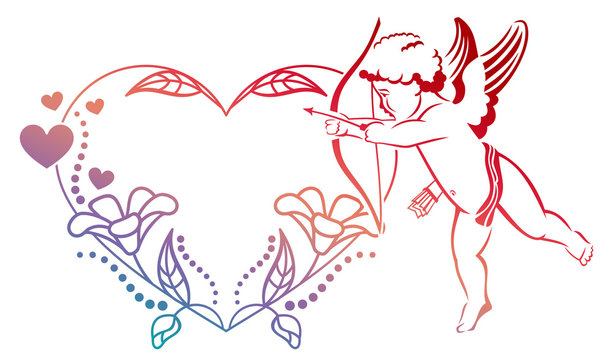 Cupid with bow hunting for hearts. Heart-shaped color gradient frame with Cupid, roses and hearts. Copy space. Raster clip art.