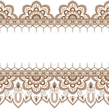 Border brown pattern elements with flowers and lace lines in Indian mehndi style isolated on white background.