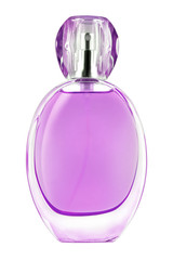 Elegant woman perfume mauve round glass bottle with transparent lid, isolated on white background,...