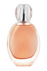 Elegant woman perfume brown round glass bottle with transparent lid, isolated on white background,...