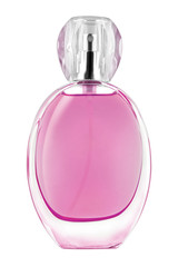 Elegant woman perfume purple round glass bottle with transparent lid, isolated on white background,...